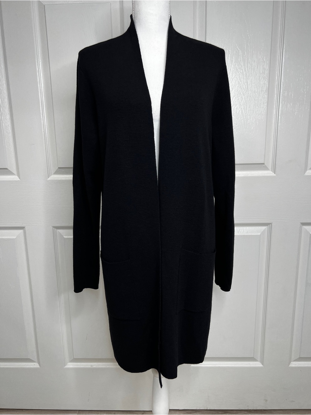 Eileen Fisher Wool Knit Black Open-Front Long Cardigan Size M